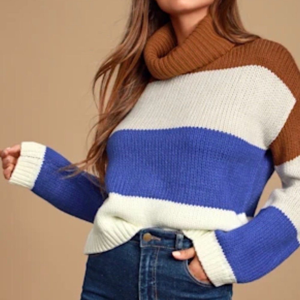 Vici Brown, Cream & Blue Colorblock Turtleneck Sweater
